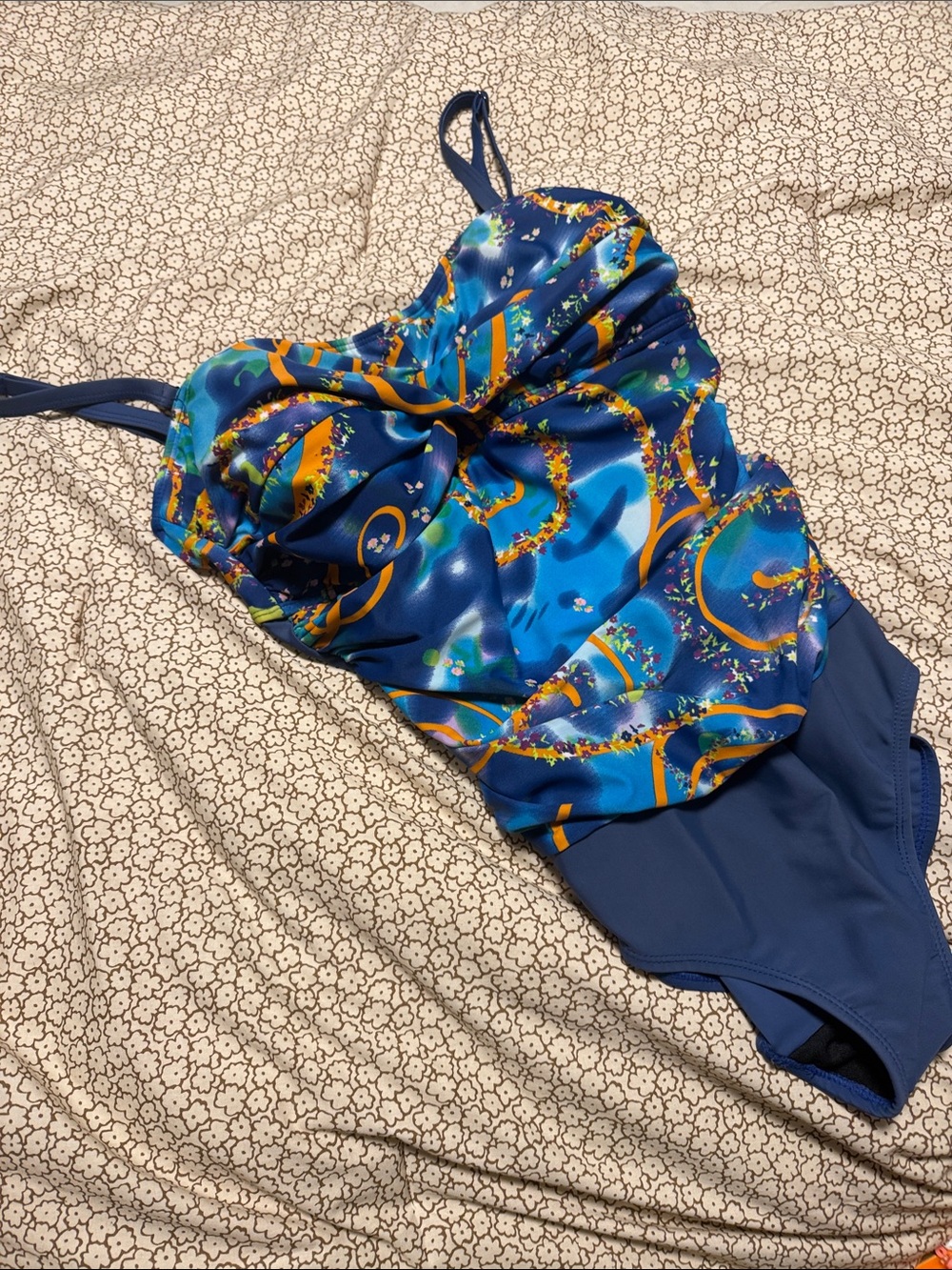 NWOT Blue Patterned One-Piece Swimsuit with Strappy Shoulder and tie mid-back